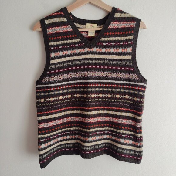 Vintage 90s Fair Isle Wool Sweater Vest M Multicolor Striped V-neck by Limited - Picture 1 of 10